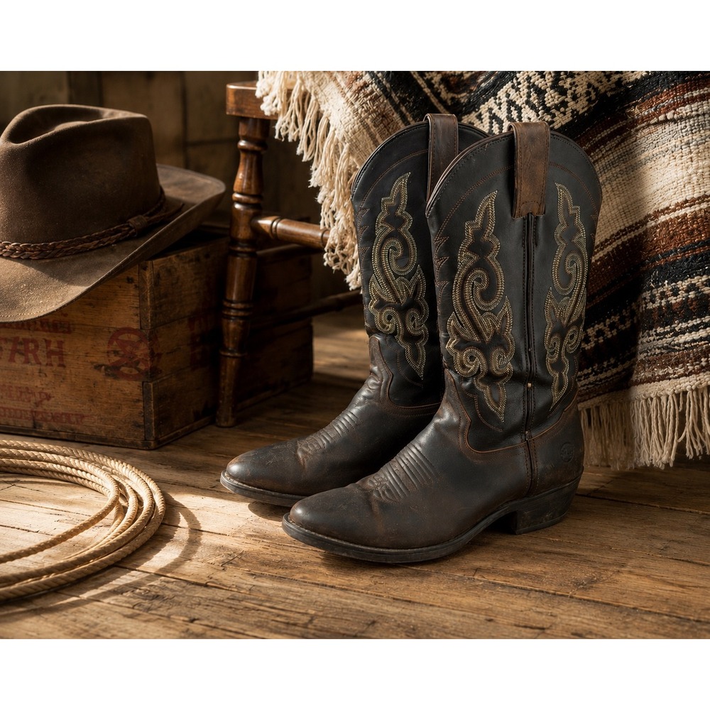 Double H Men's 7.5 D Brown Leather Western Cowboy Boots Embroidered Rodeo Ranch